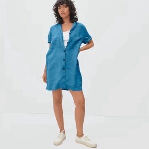 Everlane Linen Workwear Dress Cobalt Blue Chest Pockets Button front Mid thigh M